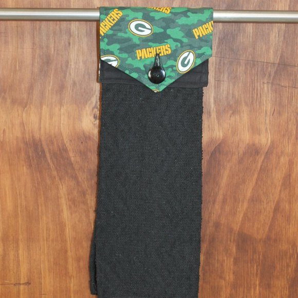 GREEN BAY PACKER BLACK & GREEN PRINT HANDMADE HANGING KITCHEN COTTON TOWEL - Picture 3 of 9